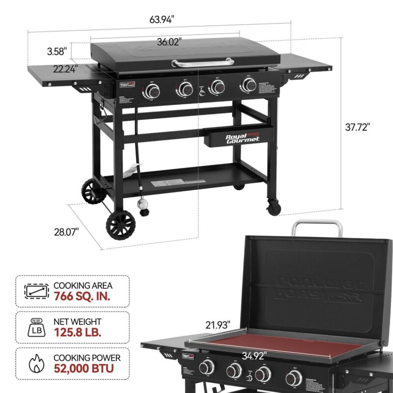 Royal Gourmet GB4000P 4-Burner Gas Griddle with Hard Cover, 35-Inch Flat Top, Heavy-duty Outdoor Cooking Station for Backyard and Tailgating, 52,000 BTU, Black - Image 4