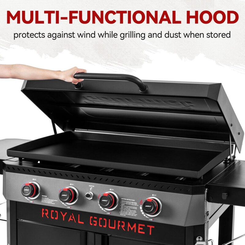 Royal Gourmet GB4008D Premium 4-Burner Gas Griddle with Hood, 34-inch Griddle with Cabinet and Collapsible Side Shelves, 52,000 BTU and 733 Sq. In. Cooking Area, Perfect for Outdoor Cooking, Black - Image 7
