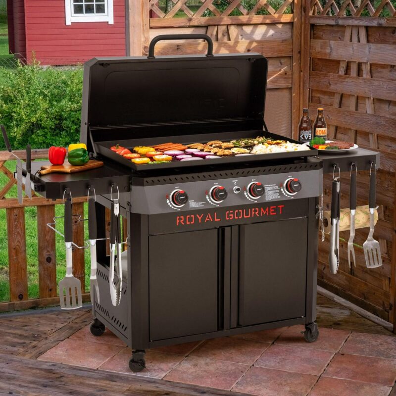 Royal Gourmet GB4008D Premium 4-Burner Gas Griddle with Hood, 34-inch Griddle with Cabinet and Collapsible Side Shelves, 52,000 BTU and 733 Sq. In. Cooking Area, Perfect for Outdoor Cooking, Black - Image 2