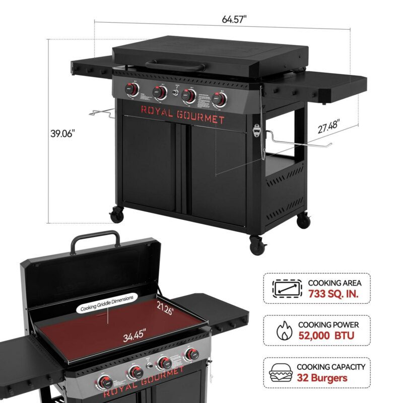 Royal Gourmet GB4008D Premium 4-Burner Gas Griddle with Hood, 34-inch Griddle with Cabinet and Collapsible Side Shelves, 52,000 BTU and 733 Sq. In. Cooking Area, Perfect for Outdoor Cooking, Black - Image 3
