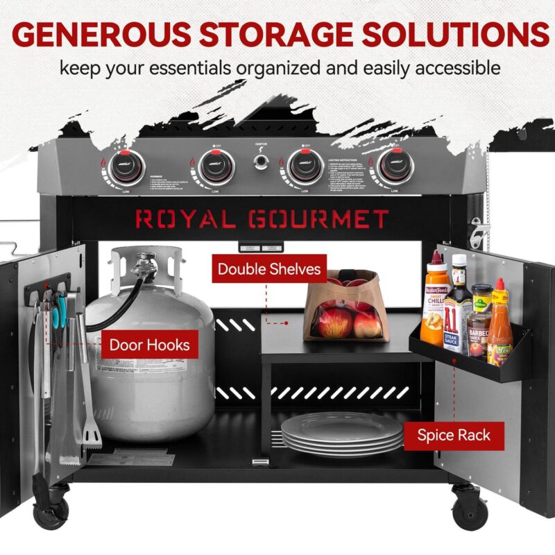 Royal Gourmet GB4008D Premium 4-Burner Gas Griddle with Hood, 34-inch Griddle with Cabinet and Collapsible Side Shelves, 52,000 BTU and 733 Sq. In. Cooking Area, Perfect for Outdoor Cooking, Black - Image 8