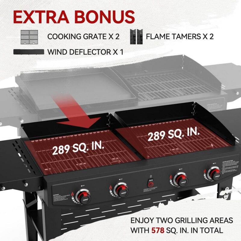 Royal Gourmet GD405A Propane Gas Grill and Griddle Combo, 4-Burner Event Combo Grill with An Extra Set of Grilling Gear (Grate x 2; Flame Tamer x 2; Wind Deflector x 1) - Image 10