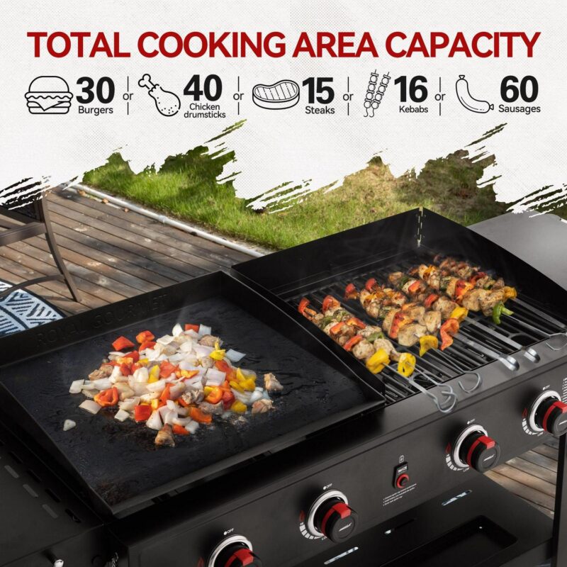 Royal Gourmet GD405A Propane Gas Grill and Griddle Combo, 4-Burner Event Combo Grill with An Extra Set of Grilling Gear (Grate x 2; Flame Tamer x 2; Wind Deflector x 1) - Image 4