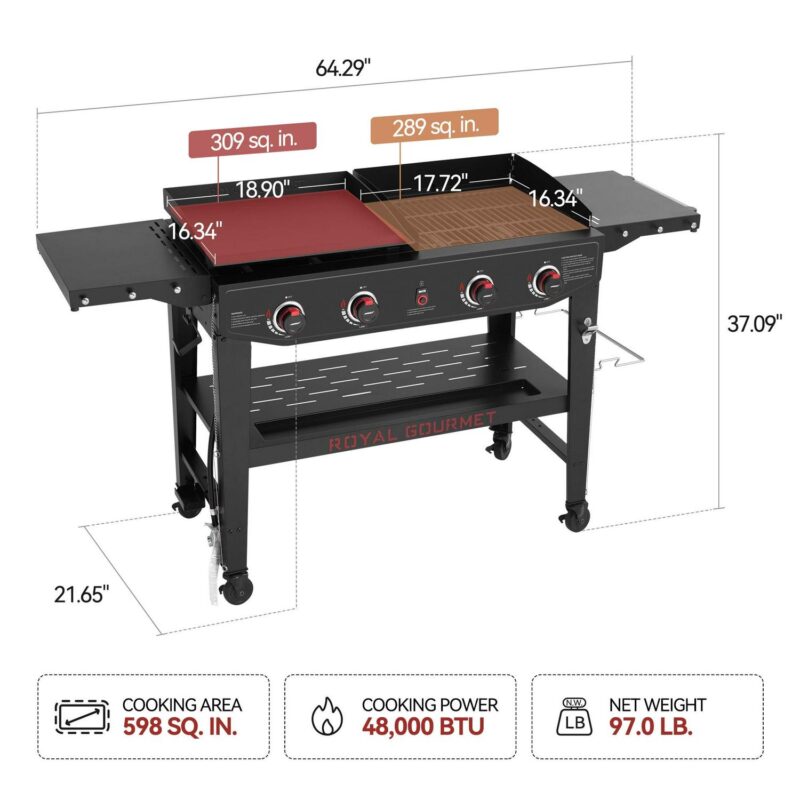 Royal Gourmet GD405A Propane Gas Grill and Griddle Combo, 4-Burner Event Combo Grill with An Extra Set of Grilling Gear (Grate x 2; Flame Tamer x 2; Wind Deflector x 1) - Image 3