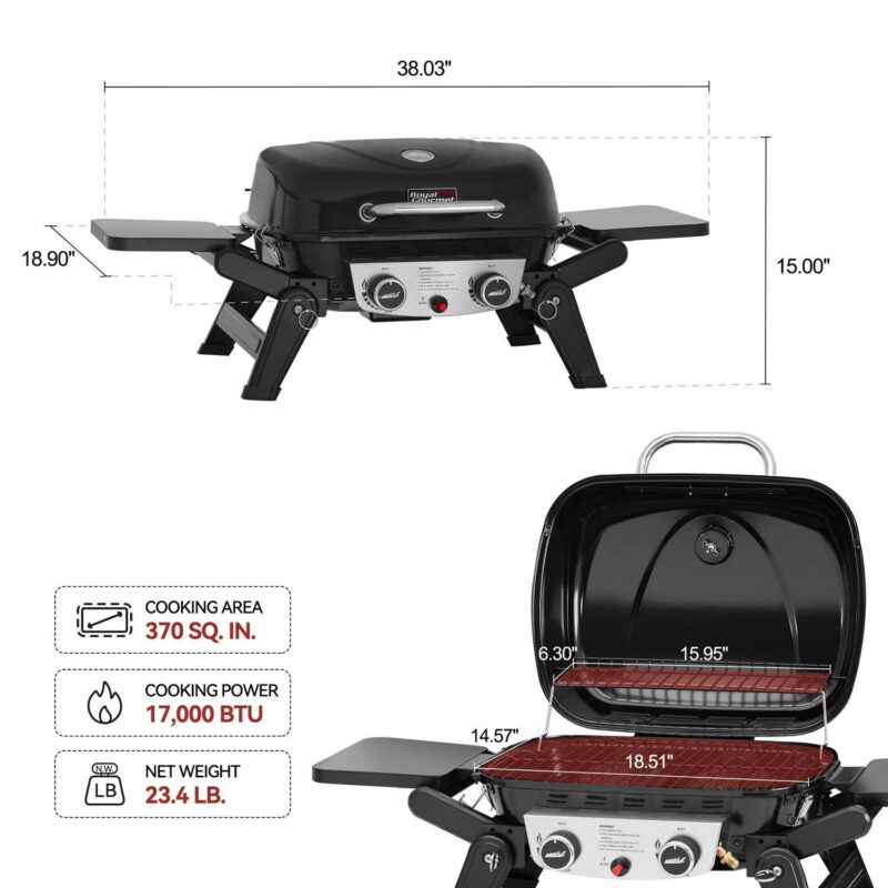 Royal Gourmet GT2005 2-Burner Portable Propane Gas Grill, Tabletop Gas Grill for Outdoor Cooking and Grilling with Foldable Side Tables - Image 3