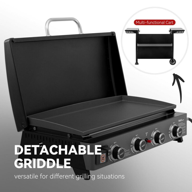 Royal Gourmet PD4001 30-Inch 4-Burner Gas Griddle with Hood, Tabletop Gas Griddle with Removable Standing Cart, Free-Standing Cart with Side Shelves and Hooks - Image 5