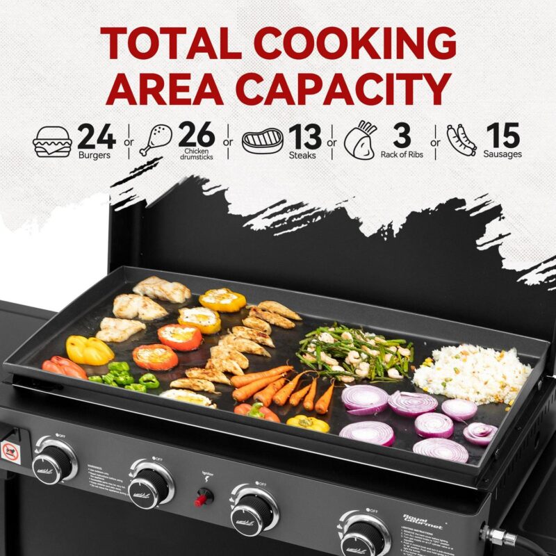 Royal Gourmet PD4001 30-Inch 4-Burner Gas Griddle with Hood, Tabletop Gas Griddle with Removable Standing Cart, Free-Standing Cart with Side Shelves and Hooks - Image 3