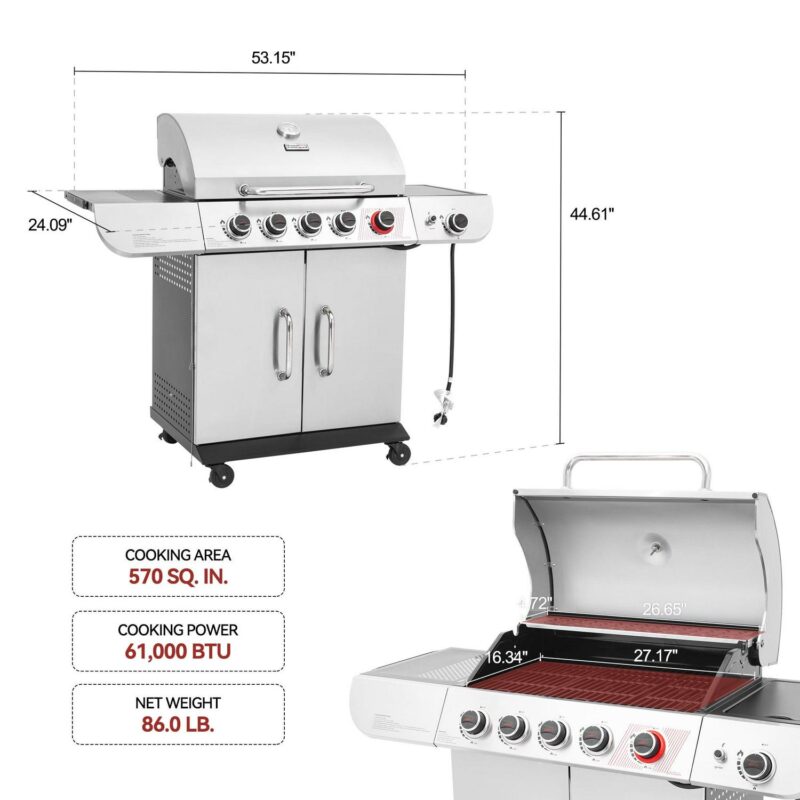 Royal Gourmet SG5002 5-Burner Gas Grill with Sear Burner and Side Burner, Stainless Steel Cabinet Style Gas Grill - Image 3