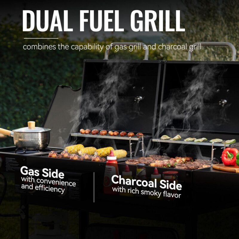 Royal Gourmet ZH3005 2-Burner Gas and Charcoal Combo Grill with Side Burner, 34,000 BTU Dual Fuel Grill for Outdoor Patio Garden Picnic Backyard Cooking, Black - Image 2