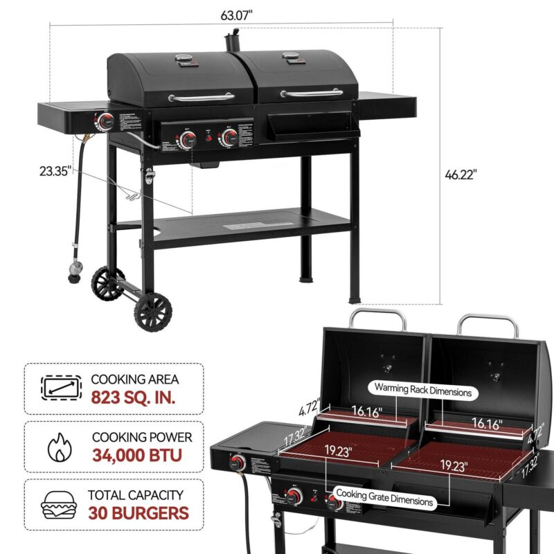 Royal Gourmet ZH3005 2-Burner Gas and Charcoal Combo Grill with Side Burner, 34,000 BTU Dual Fuel Grill for Outdoor Patio Garden Picnic Backyard Cooking, Black - Image 7