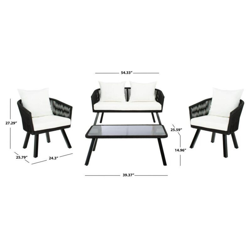 SAFAVIEH Belmi Outdoor Patio 4 Piece Conversation Set, Black/Beige - Image 5