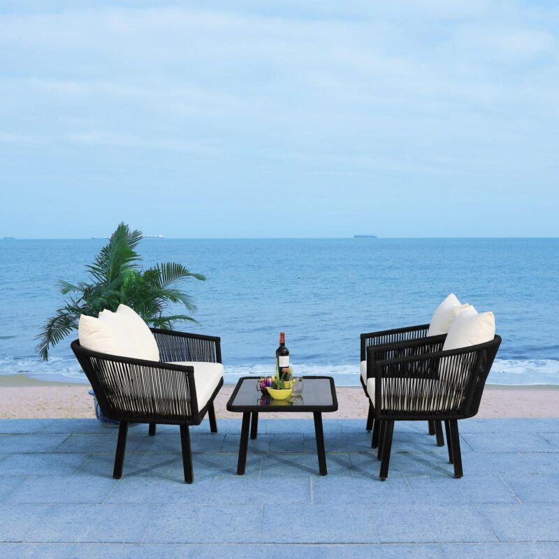 SAFAVIEH Belmi Outdoor Patio 4 Piece Conversation Set, Black/Beige - Image 3