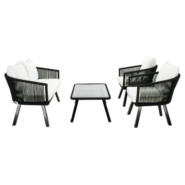 SAFAVIEH Belmi Outdoor Patio 4 Piece Conversation Set, Black/Beige