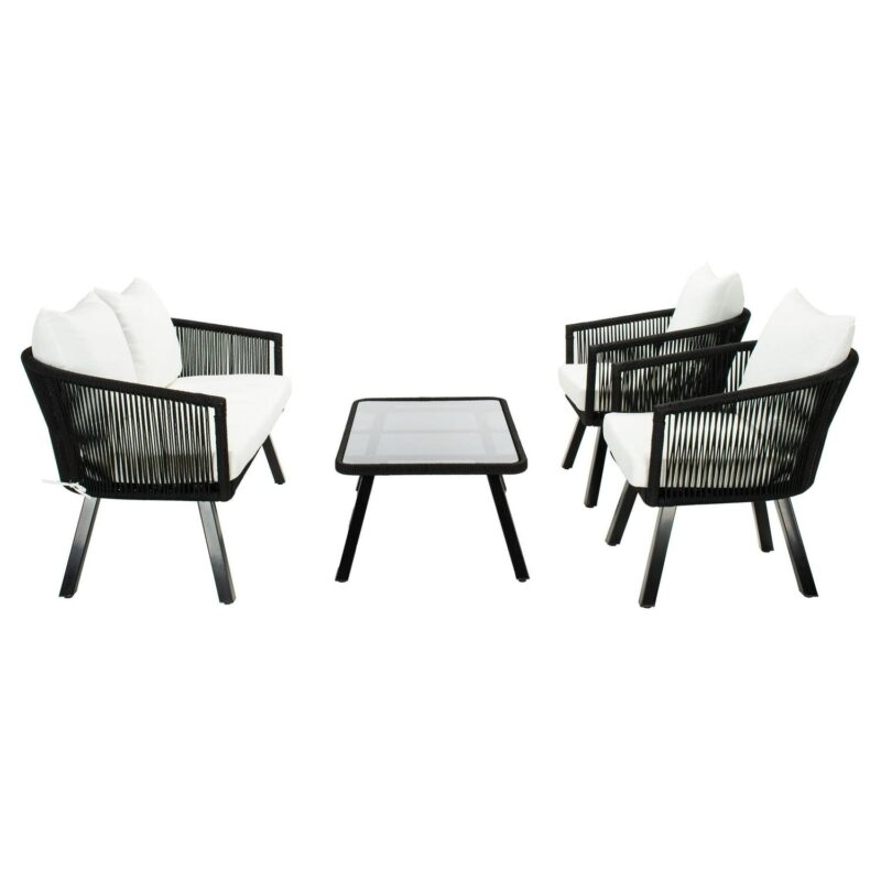 SAFAVIEH Belmi Outdoor Patio 4 Piece Conversation Set, Black/Beige