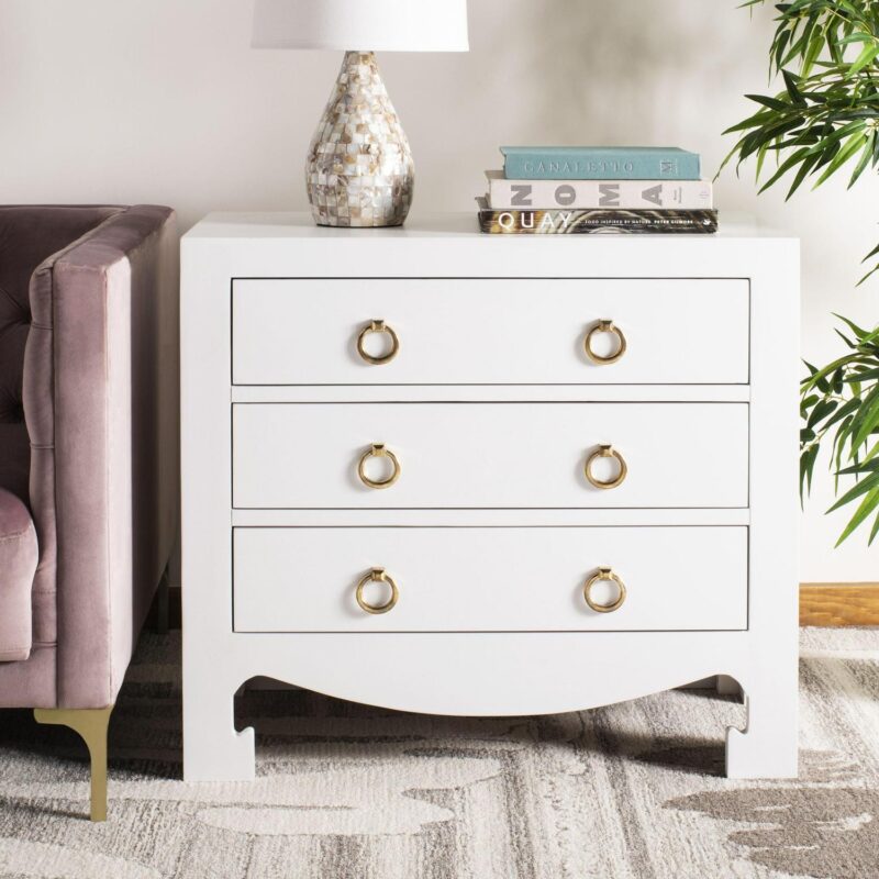 SAFAVIEH Dion Classic Solid 3 Drawer Chest, White/Gold Handles