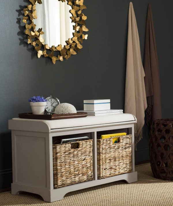 SAFAVIEH Freddy Contemporary Wicker Storage Bench with Cushion, Vintage Grey
