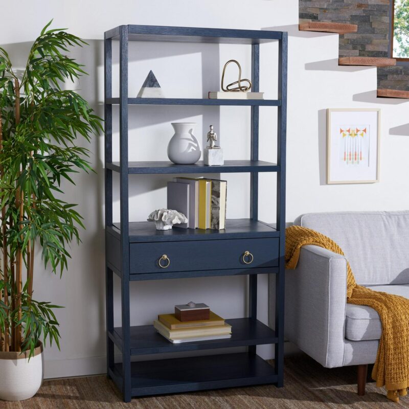 SAFAVIEH Johni Glam Style 1 Drawer 5 Shelf Etagere, Navy (32 in. W x 18 in. D x 70 in. H) - Image 2