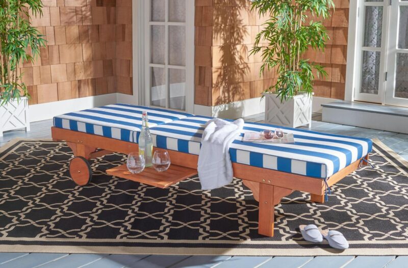 SAFAVIEH Newport Outdoor Patio Chaise Lounge Chair, Natural/Blue/White - Image 4