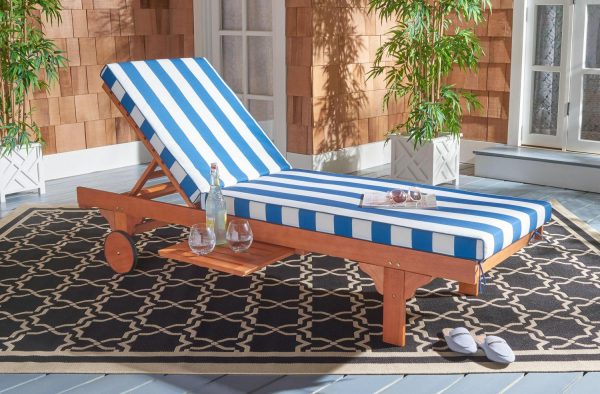 SAFAVIEH Newport Outdoor Patio Chaise Lounge Chair, Natural/Blue/White