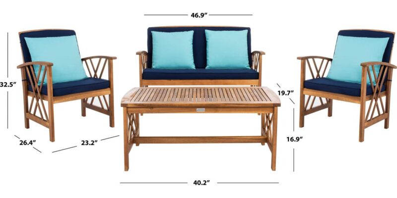 SAFAVIEH Outdoor Collection Fontana 4-Piece Patio Set Natural/Navy - Image 3