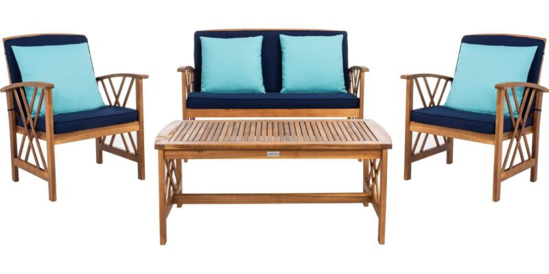 SAFAVIEH Outdoor Collection Fontana 4-Piece Patio Set Natural/Navy - Image 2