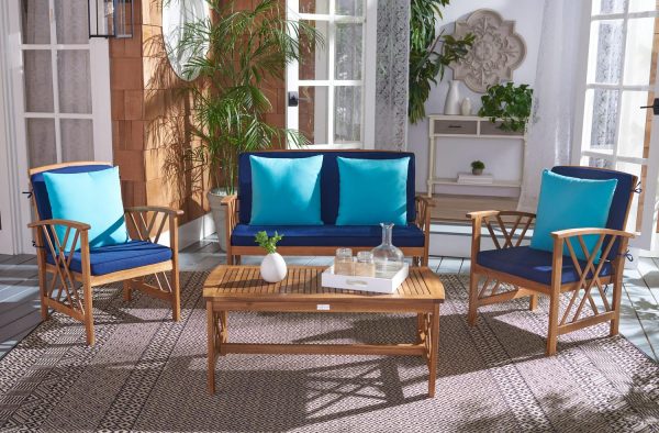 SAFAVIEH Outdoor Collection Fontana 4-Piece Patio Set Natural/Navy