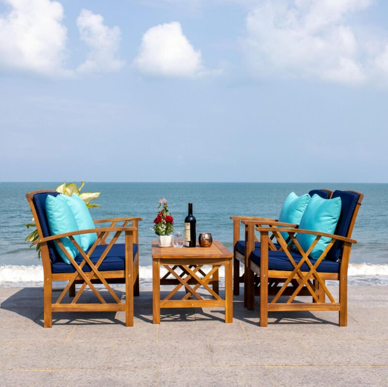 SAFAVIEH Outdoor Collection Fontana 4-Piece Patio Set Natural/Navy - Image 4