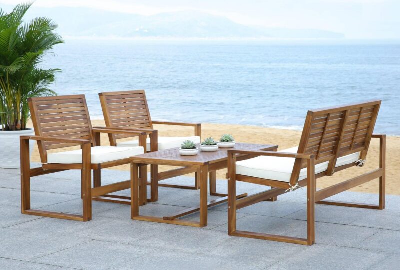 SAFAVIEH Ozark Outdoor Patio 4 Piece Conversation Set, Natural - Image 3