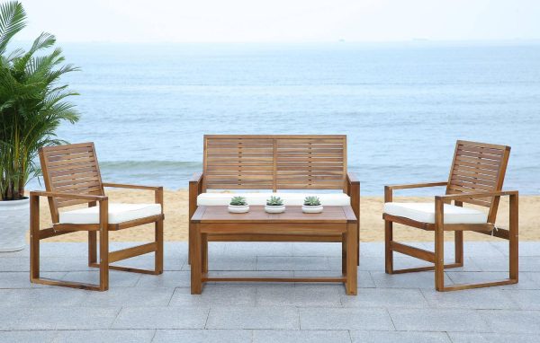SAFAVIEH Ozark Outdoor Patio 4 Piece Conversation Set, Natural