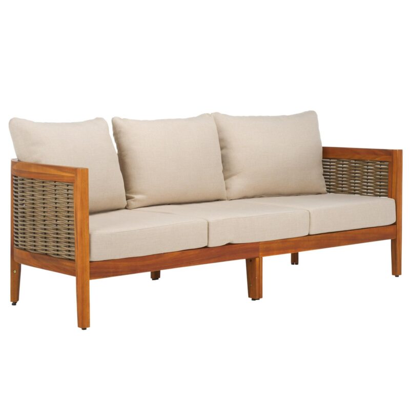 SAFAVIEH Theo Acacia Wood Outdoor Sofa, Natural/Taupe - Image 4