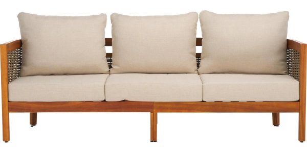 SAFAVIEH Theo Acacia Wood Outdoor Sofa, Natural/Taupe