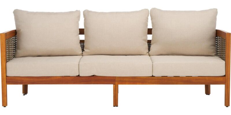 SAFAVIEH Theo Acacia Wood Outdoor Sofa, Natural/Taupe