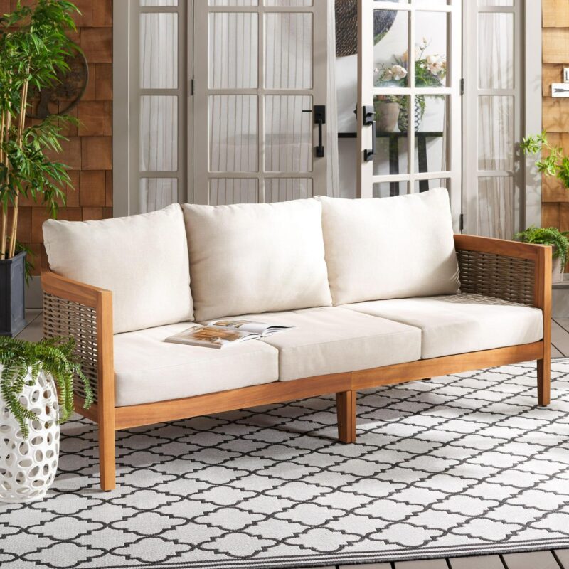 SAFAVIEH Theo Acacia Wood Outdoor Sofa, Natural/Taupe - Image 2