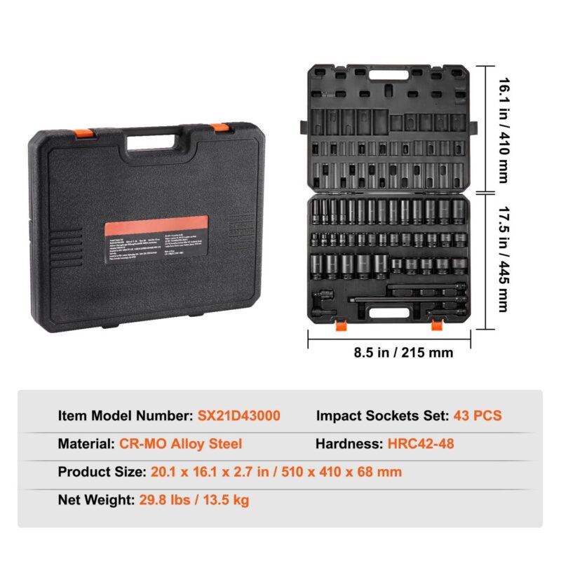 SKYSHALO 43-Pc Impact Socket Set, 1/2  Drive, SAE 3/8 -1-1/2 , Deep and Shallow, 6-Point, Cr-Mo Steel, for Automotive Repair, Clear Size Labels, Durable, Includes Case - Image 7