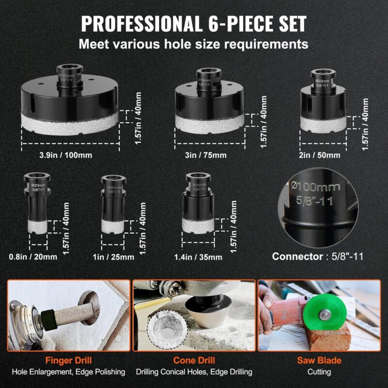 SKYSHALO Diamond 6 PCS 20/25/35/50/75/100mm Diamond Hole Saw Kit Core Drill Bit Set - Image 7