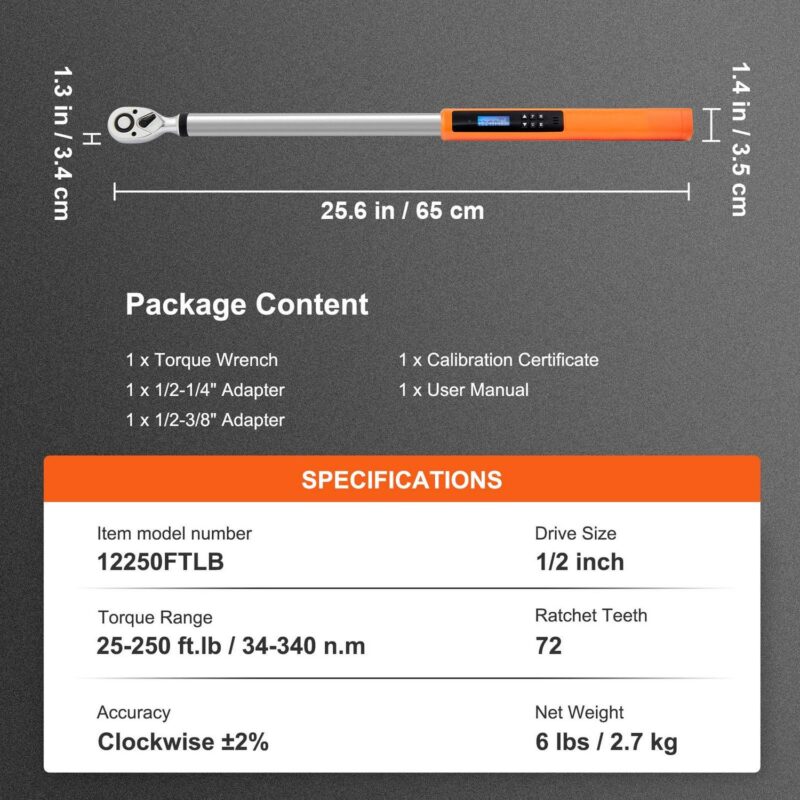 SKYSHALO Digital Torque Wrench, 1/2  Drive Electronic Torque Wrench, Torque Wrench Kit 25-250ft.lb/34-340n.m Torque Range Accurate to A+-2%, 3-Mode Adjustable Torque Wrench Set - Image 7