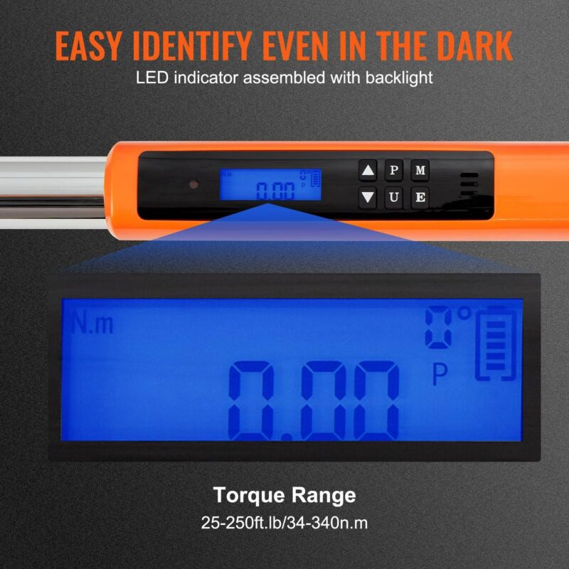 SKYSHALO Digital Torque Wrench, 1/2  Drive Electronic Torque Wrench, Torque Wrench Kit 25-250ft.lb/34-340n.m Torque Range Accurate to A+-2%, 3-Mode Adjustable Torque Wrench Set - Image 4