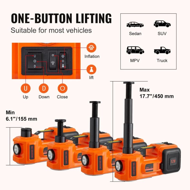 SKYSHALO Electric Car Jack, 5 Ton Capacity Hydraulic Lift with Electric Wrench, Compact Vehicle Elevator with Integrated Air Pump and LED for SUVs, MPVs, Sedans, and Trucks, Tire Change and Repair - Image 3