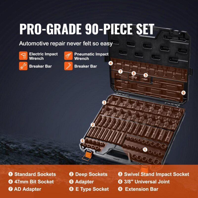 SKYSHALO Impact Sockets Set 90pcs 6-Point 3/8in Drive Bit Ratchet Tool Kit Case - Image 3