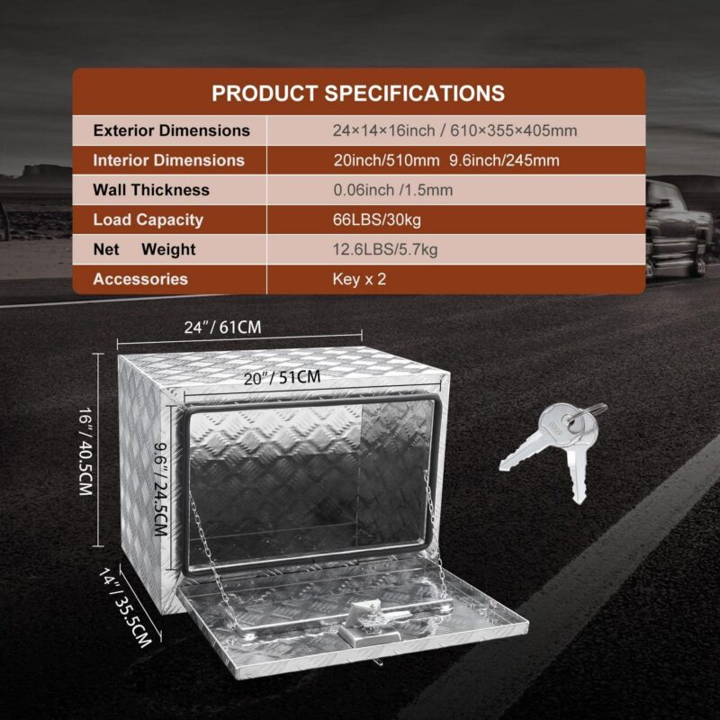 SKYSHALO Underbody Aluminum Truck Tool Box 24  x 14  x 16  Trailer RV Tool Storage - Image 4