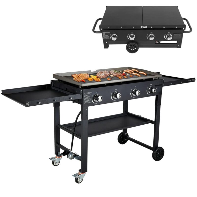 SUGIFT 36  4-Burner Propane Gas Griddle, 60,000 BTU Flat Top Grill with Side Shelf for Outdoor BBQ and Camping