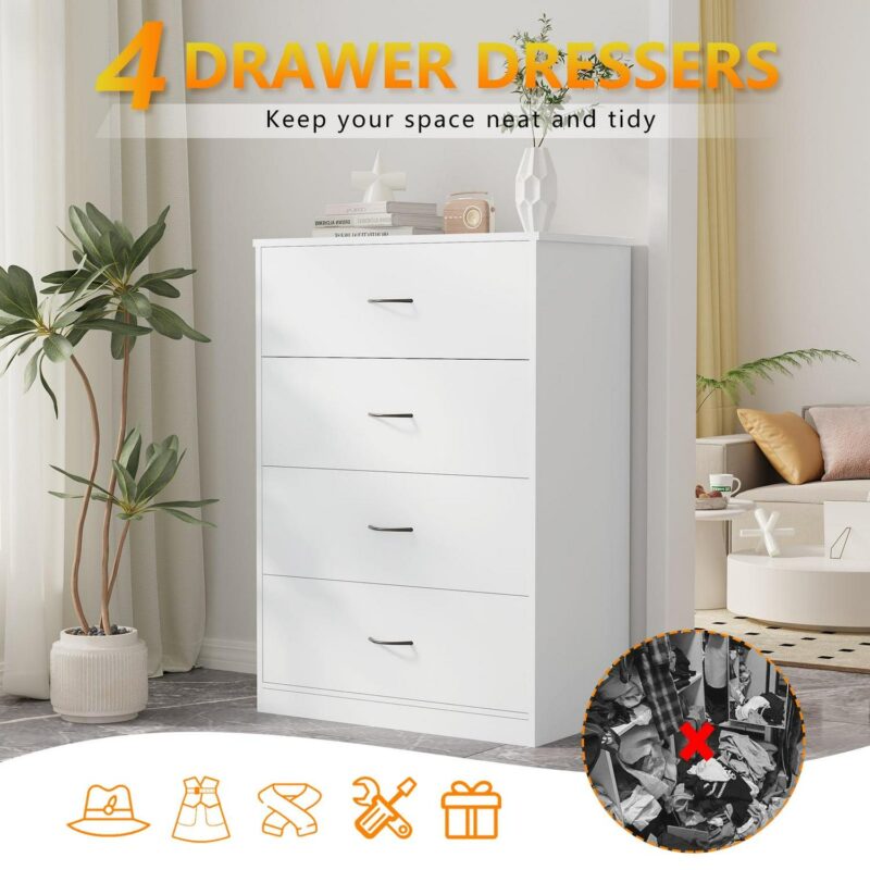 SUGIFT 4 Drawer Dresser, Modern Storage Cabinet for Bedroom, White Chest of Drawers Wood Organizer for Living Room, White - Image 6