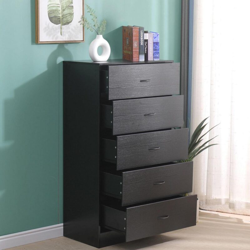 SUGIFT 5 Drawer Dresser, Modern Wood Chest of Drawers for Bedroom, Black - Image 5
