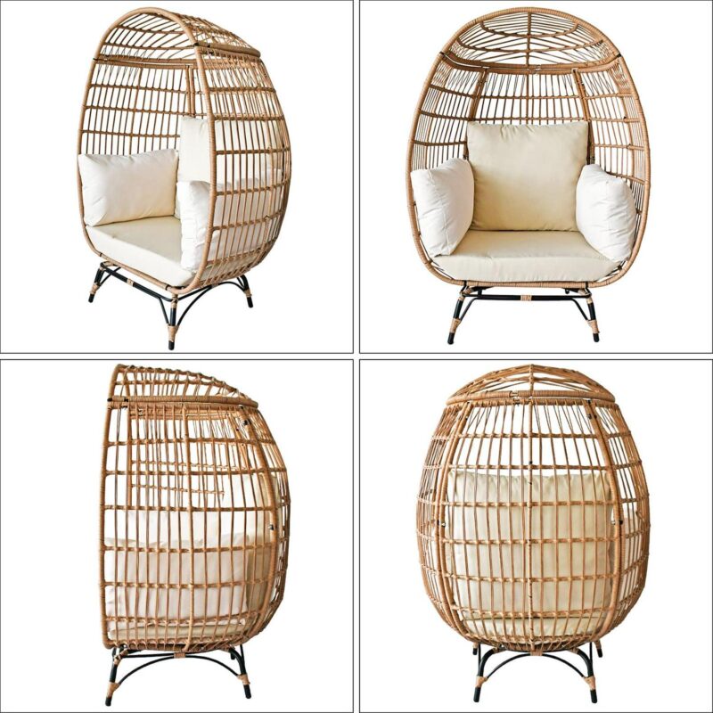 SUGIFT Wicker Egg Chair Oversized Indoor Outdoor Patio Lounger with Steel Frame, 440lb Capacity, Beige - Image 3
