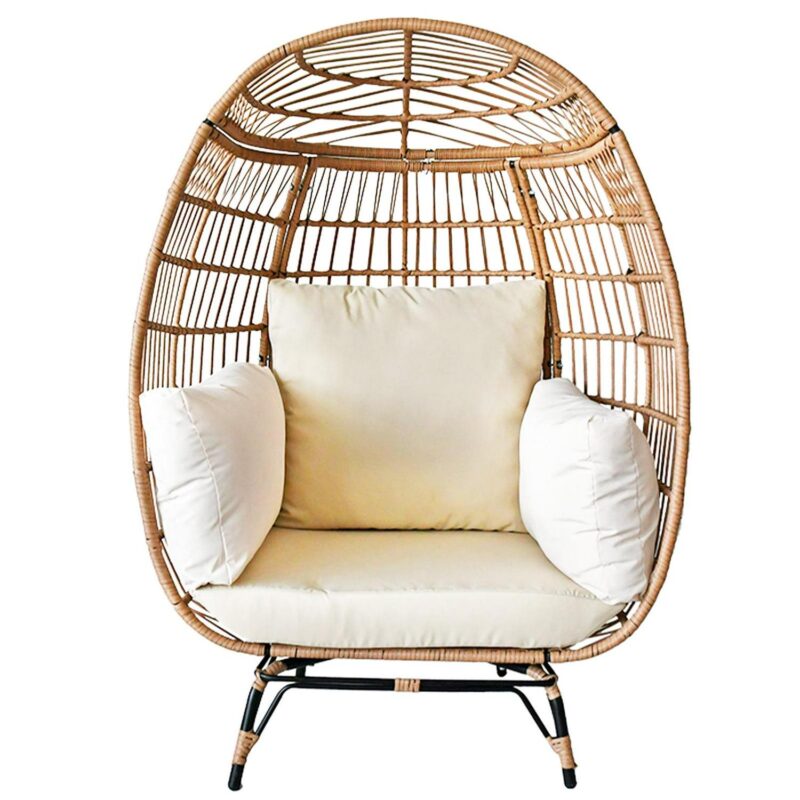 SUGIFT Wicker Egg Chair Oversized Indoor Outdoor Patio Lounger with Steel Frame, 440lb Capacity, Beige - Image 4
