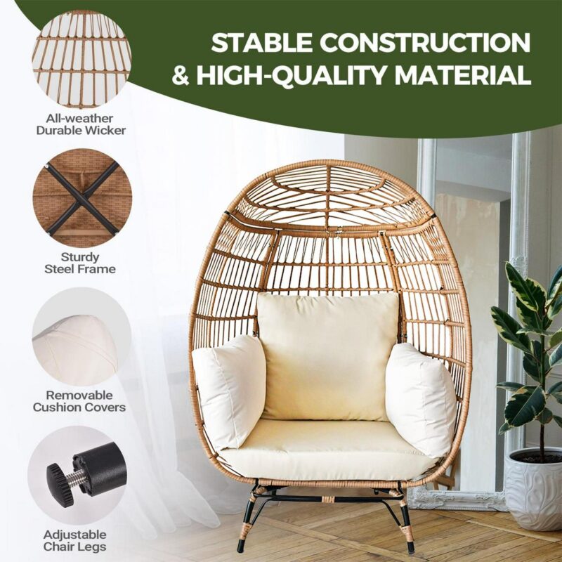 SUGIFT Wicker Egg Chair Oversized Indoor Outdoor Patio Lounger with Steel Frame, 440lb Capacity, Beige - Image 6
