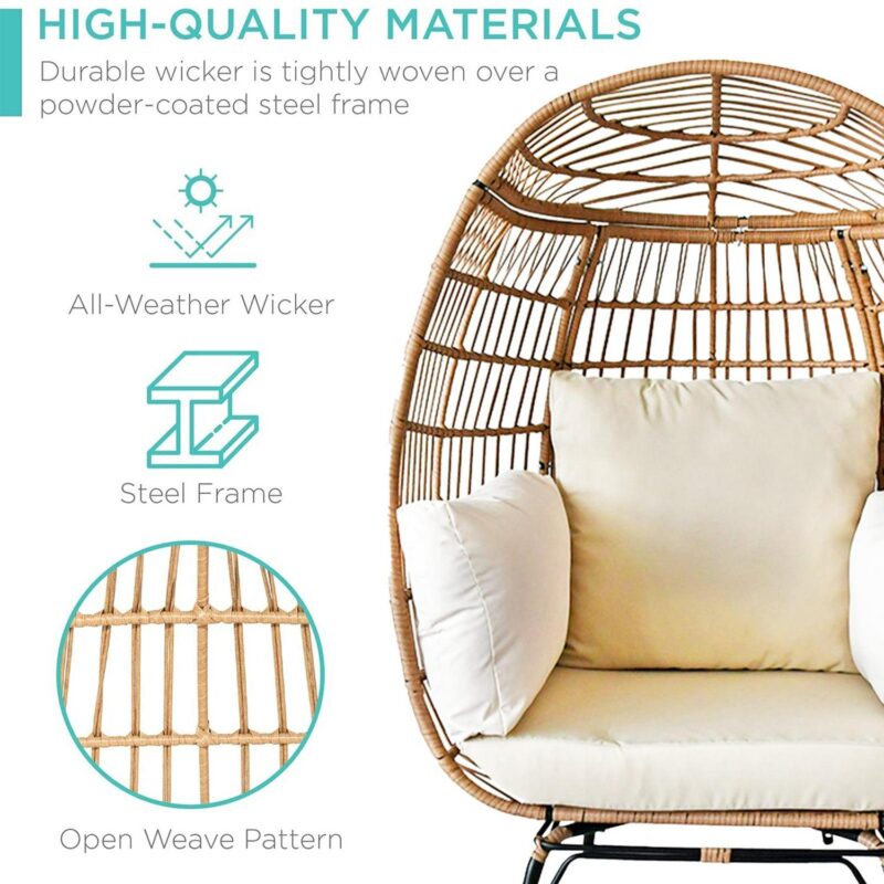 SUGIFT Wicker Egg Chair Oversized Indoor Outdoor Patio Lounger with Steel Frame, 440lb Capacity, Beige - Image 7