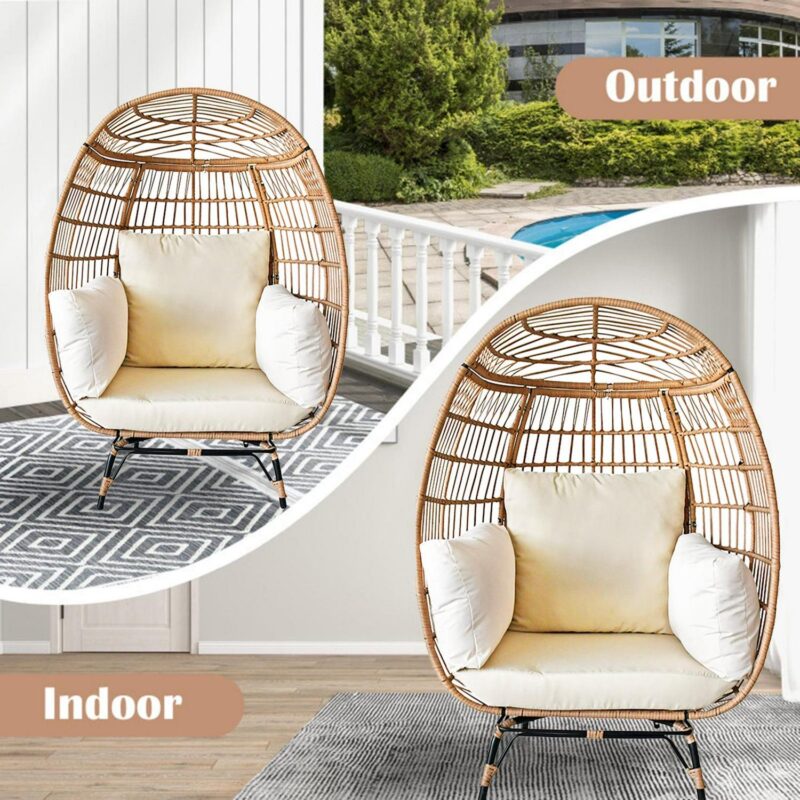 SUGIFT Wicker Egg Chair Oversized Indoor Outdoor Patio Lounger with Steel Frame, 440lb Capacity, Beige - Image 8