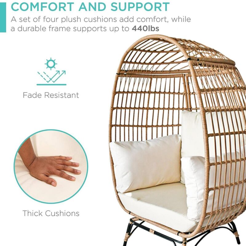 SUGIFT Wicker Egg Chair Oversized Indoor Outdoor Patio Lounger with Steel Frame, 440lb Capacity, Beige - Image 9
