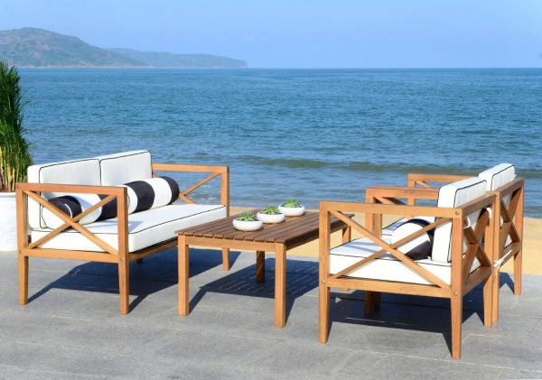 Safavieh Nunzio 4-Piece Eucalyptus Wood Outdoor Set in Teak Brown/Beige